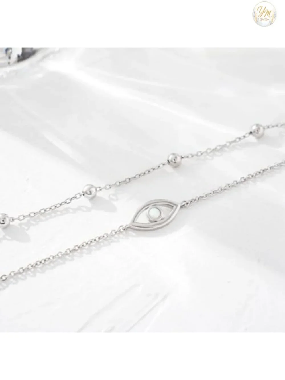 925 Sterling Silver Adjustable Layered Anklet with Evil Eye & Opal Charms, Boho
